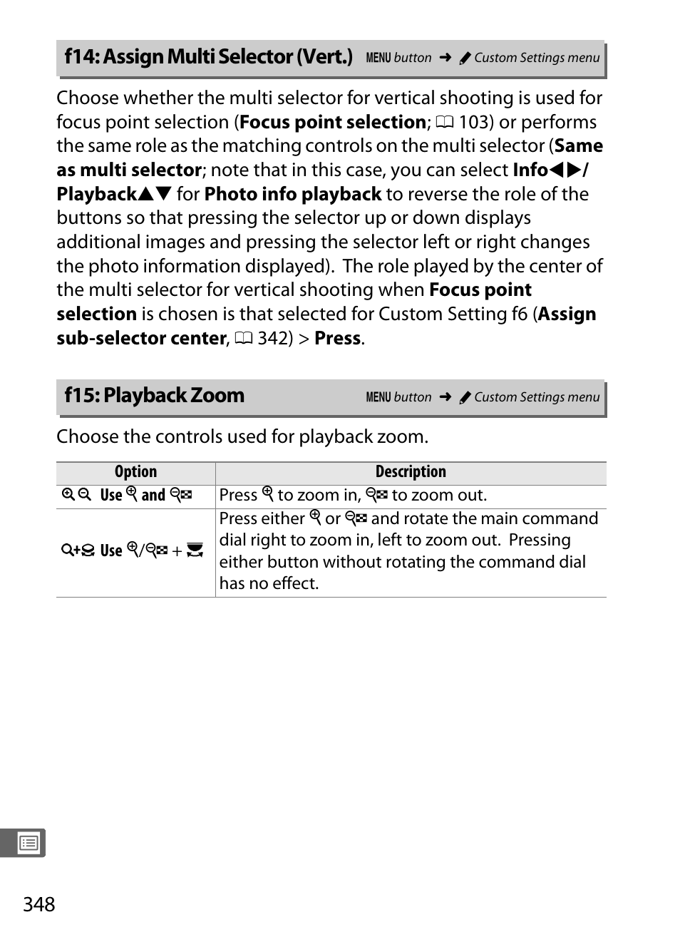 F14: assign multi selector (vert.), F15: playback zoom | Nikon D4S User Manual | Page 370 / 500