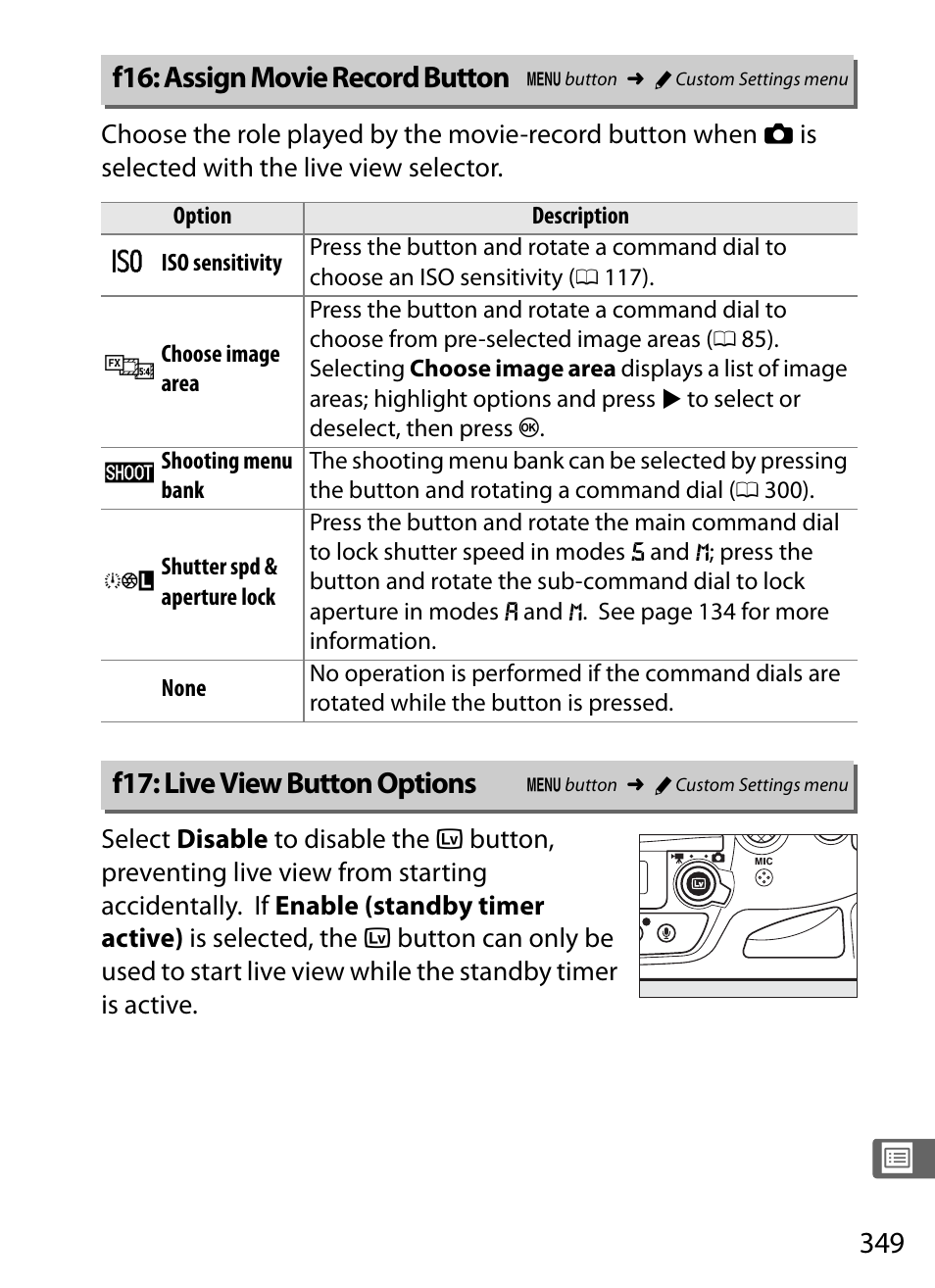 F16: assign movie record button, F17: live view button options, 0 349). s | Nikon D4S User Manual | Page 371 / 500