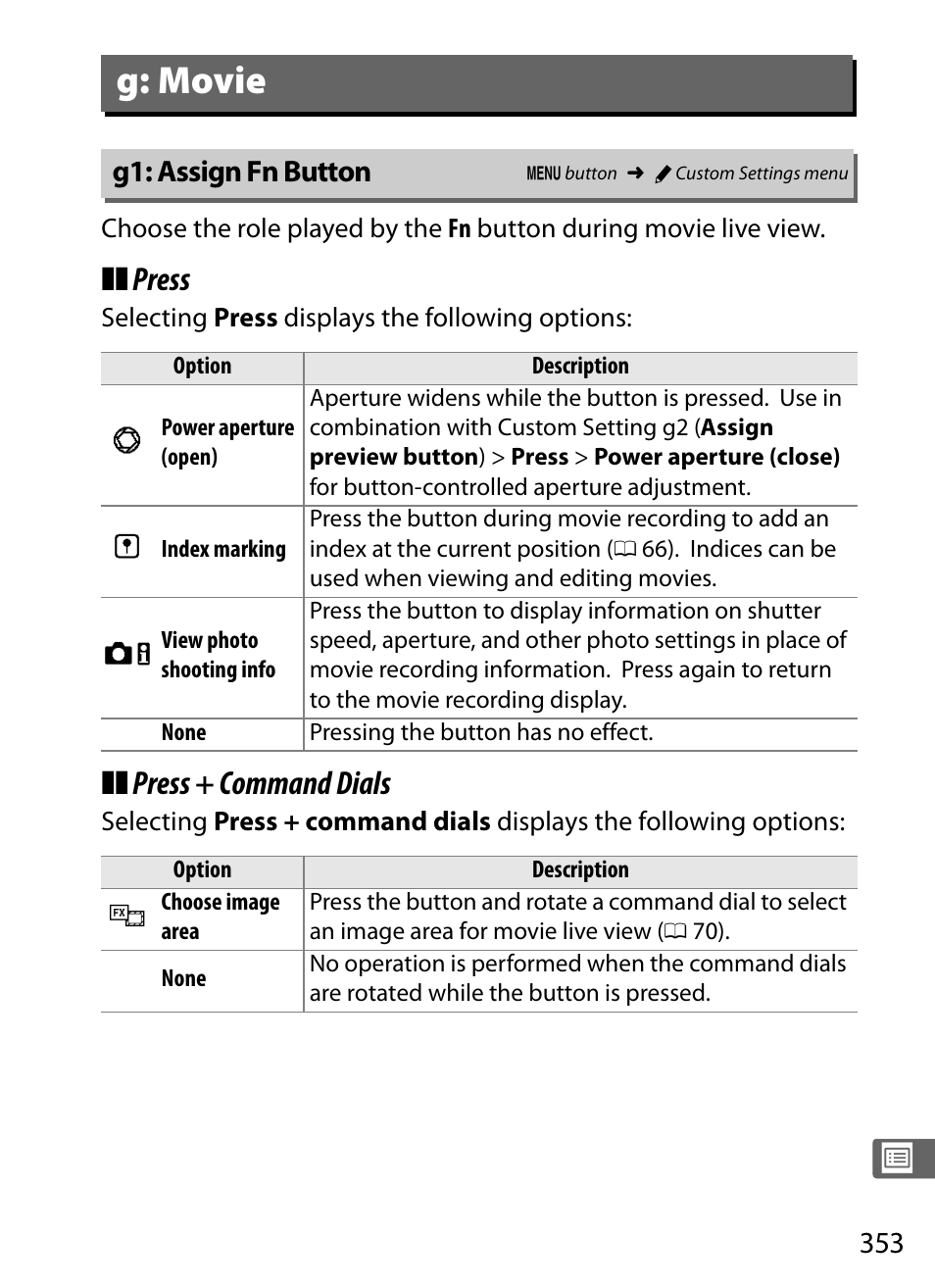 G: movie, G1: assign fn button, 0 353), g2 | Press, Press + command dials | Nikon D4S User Manual | Page 375 / 500