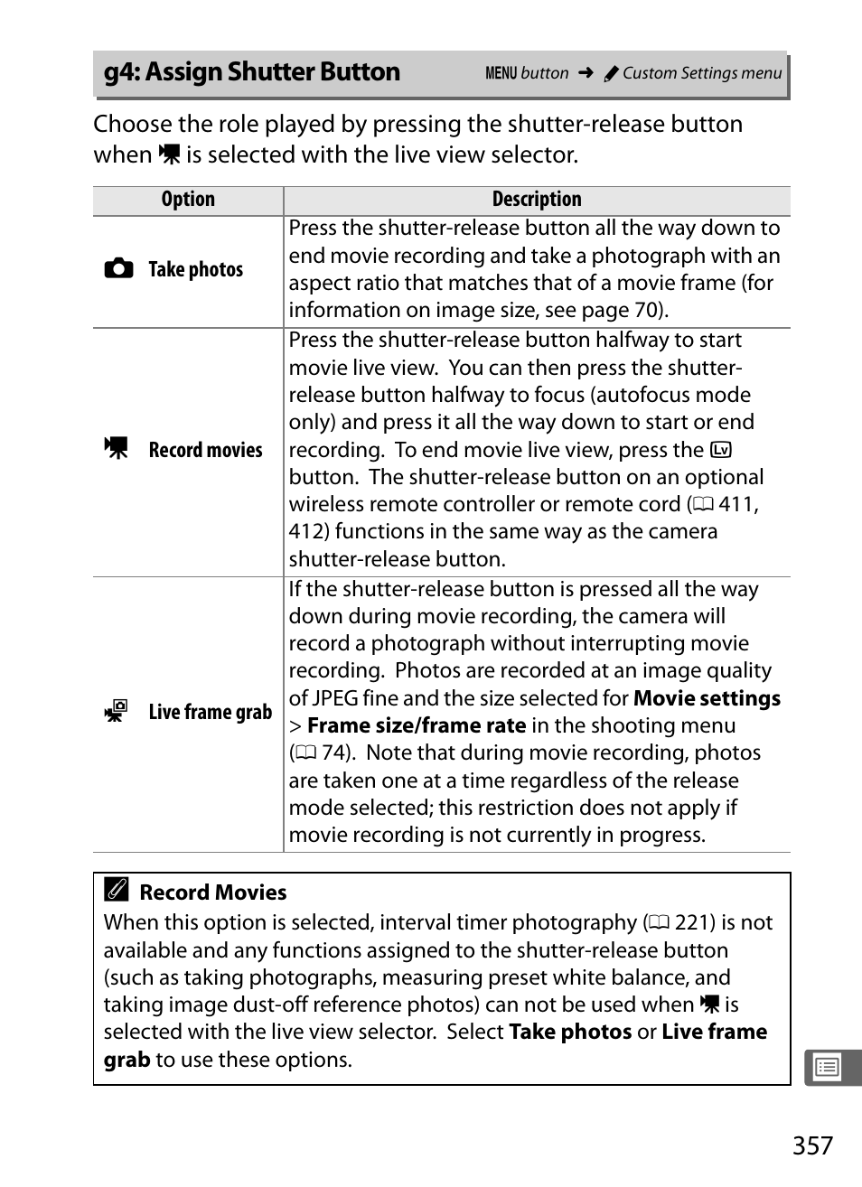 G4: assign shutter button, 0 357) and | Nikon D4S User Manual | Page 379 / 500