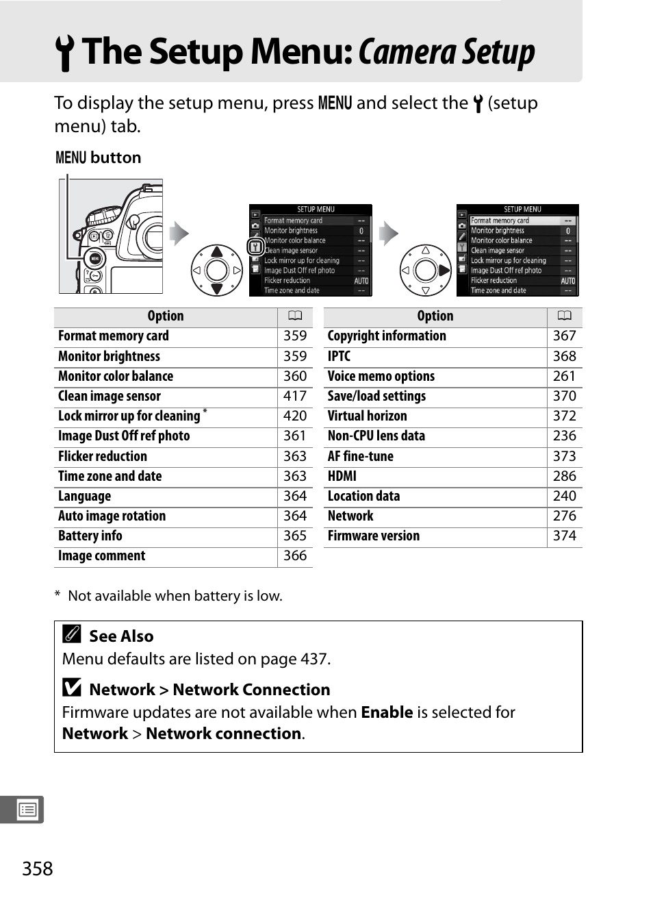 The setup menu: camera setup, B the setup menu: camera setup | Nikon D4S User Manual | Page 380 / 500