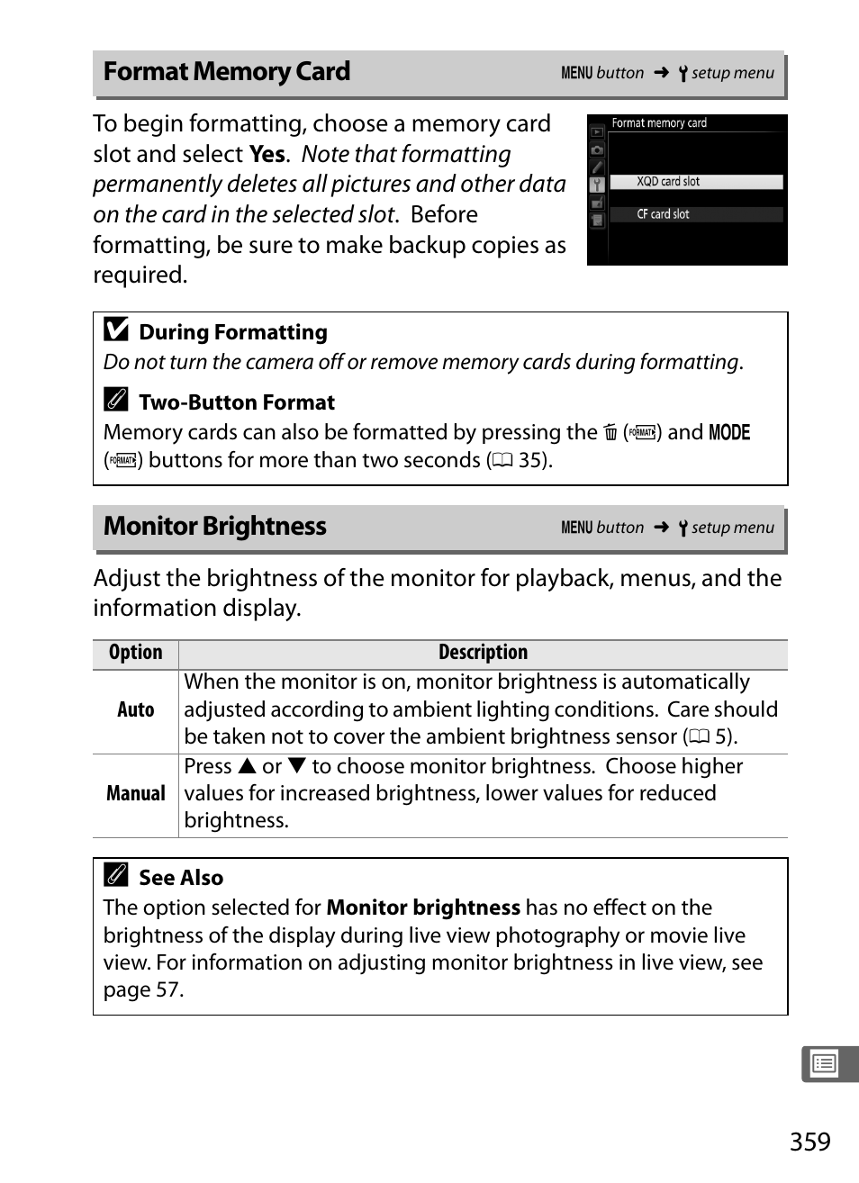 Format memory card, Monitor brightness | Nikon D4S User Manual | Page 381 / 500