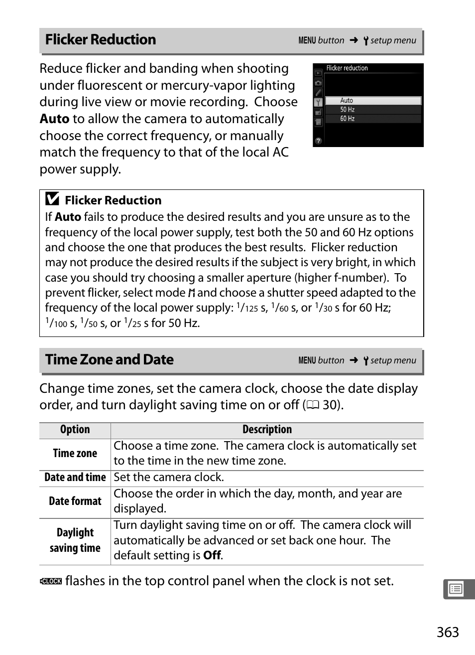 Flicker reduction, Time zone and date | Nikon D4S User Manual | Page 385 / 500