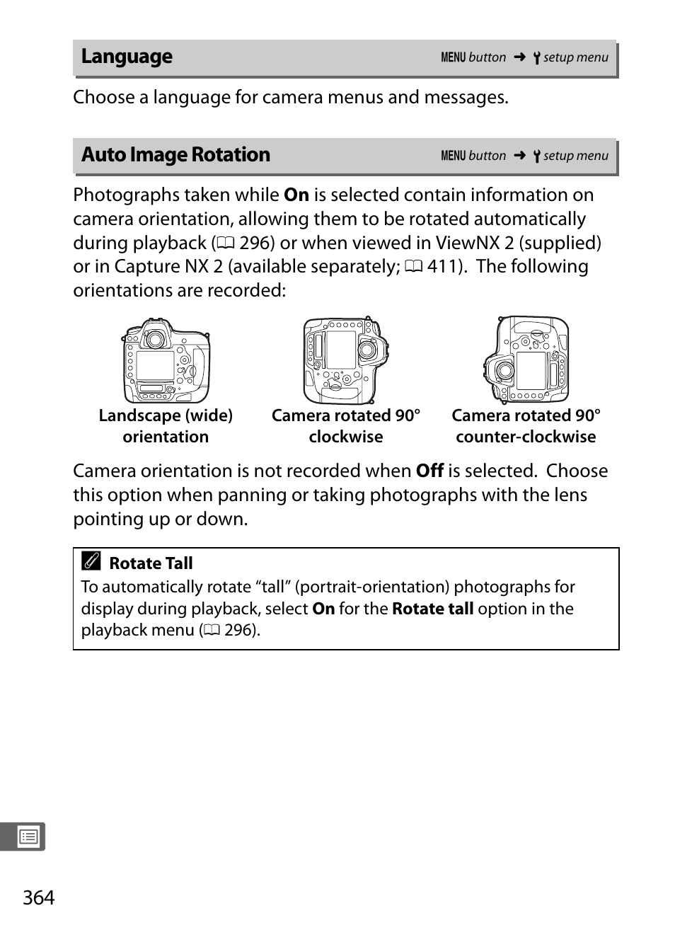 Language, Auto image rotation | Nikon D4S User Manual | Page 386 / 500