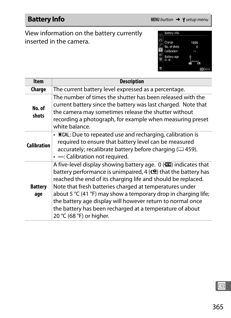 Battery info, 0 365) displa | Nikon D4S User Manual | Page 387 / 500