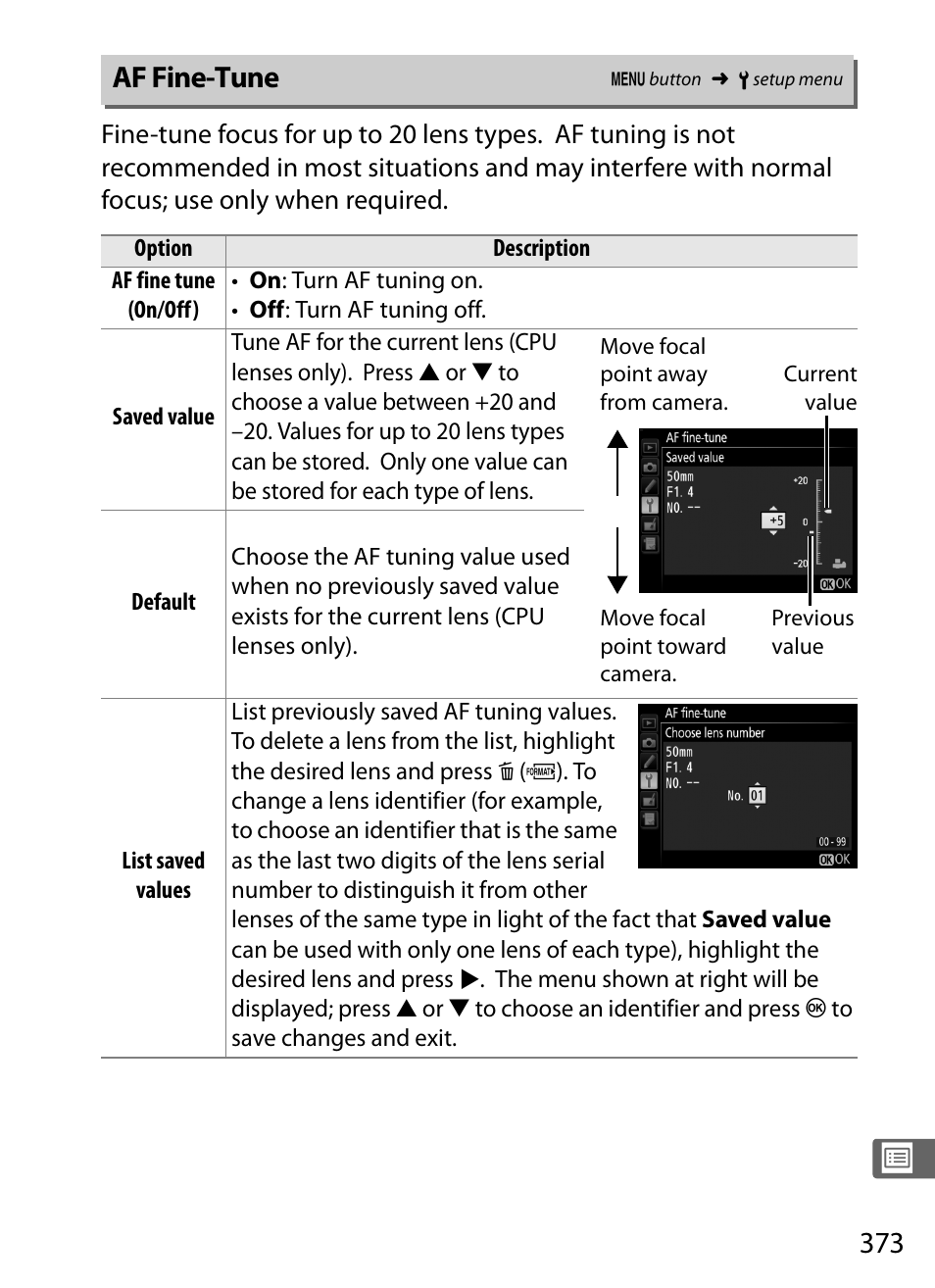 Af fine-tune | Nikon D4S User Manual | Page 395 / 500