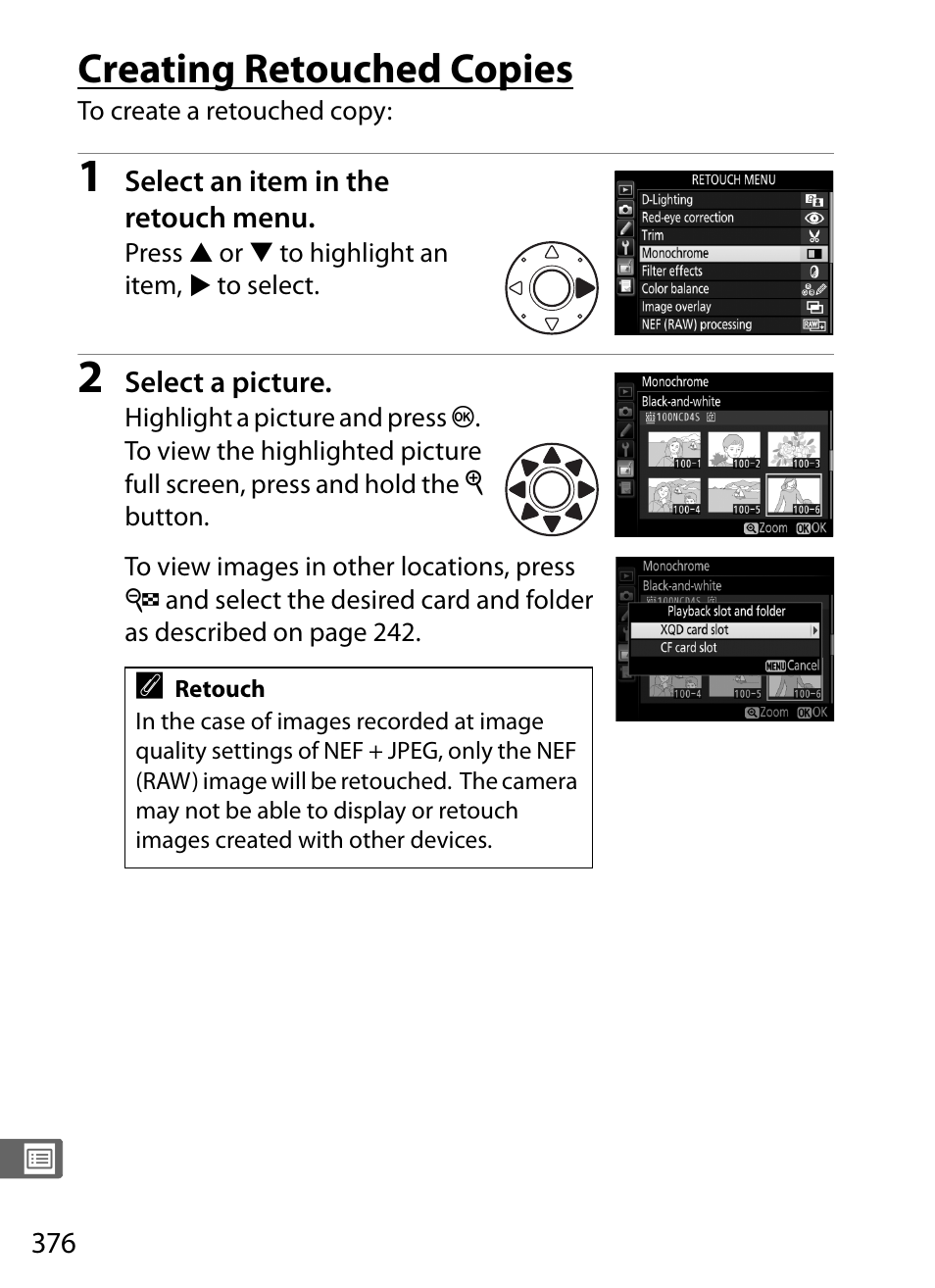 Creating retouched copies | Nikon D4S User Manual | Page 398 / 500
