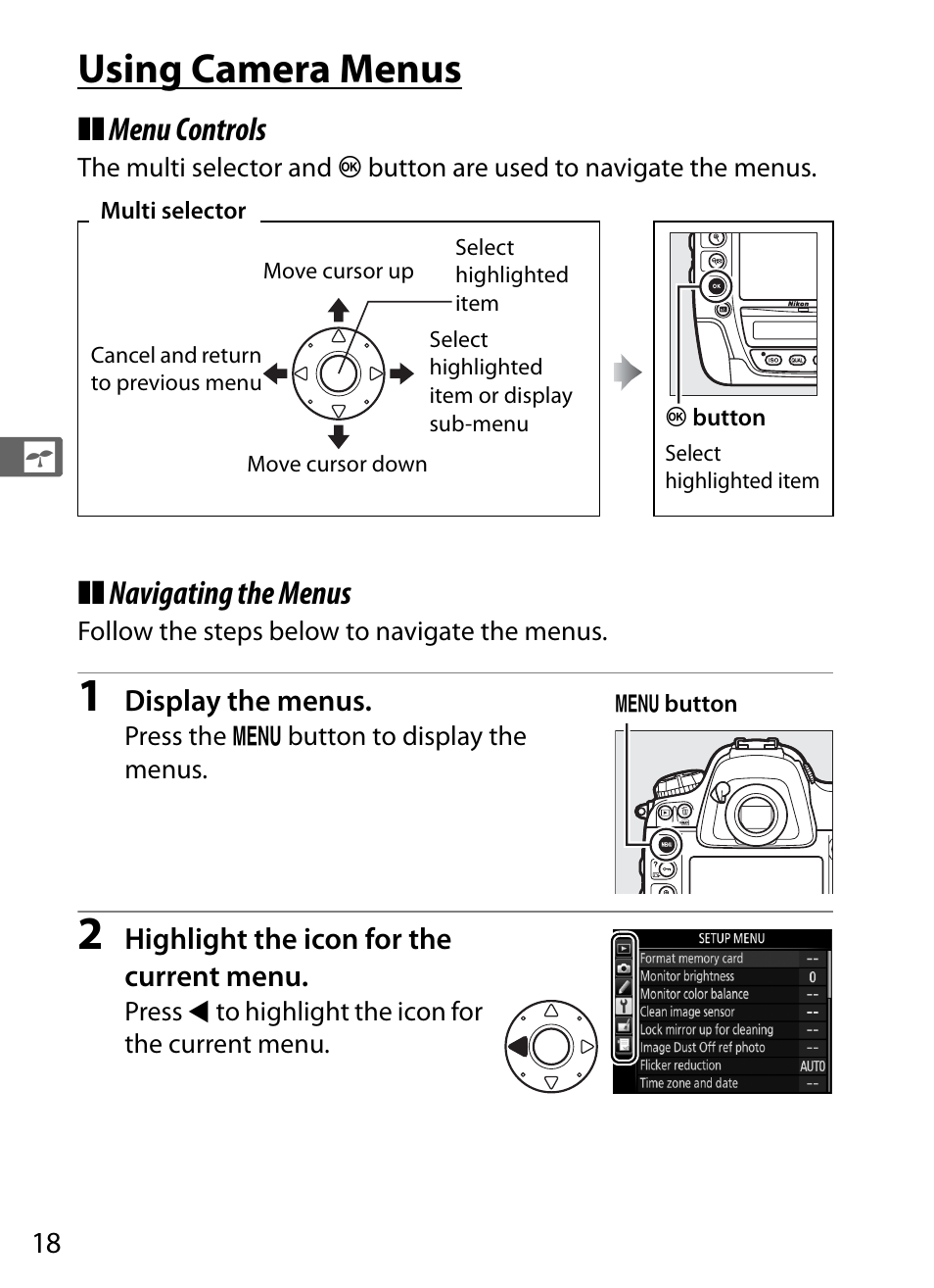Using camera menus, Menu controls, Navigating the menus | Nikon D4S User Manual | Page 40 / 500