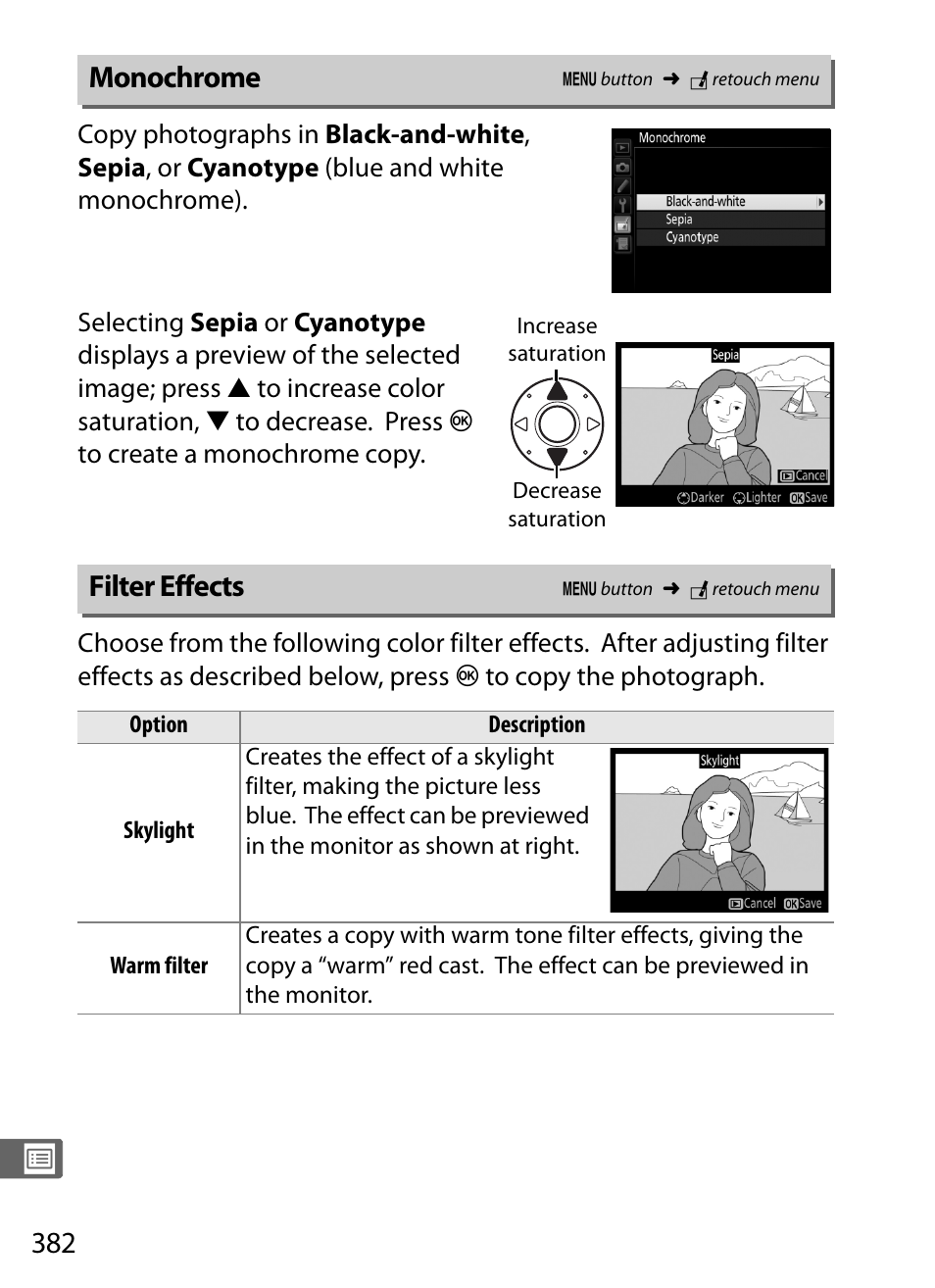Monochrome, Filter effects | Nikon D4S User Manual | Page 404 / 500