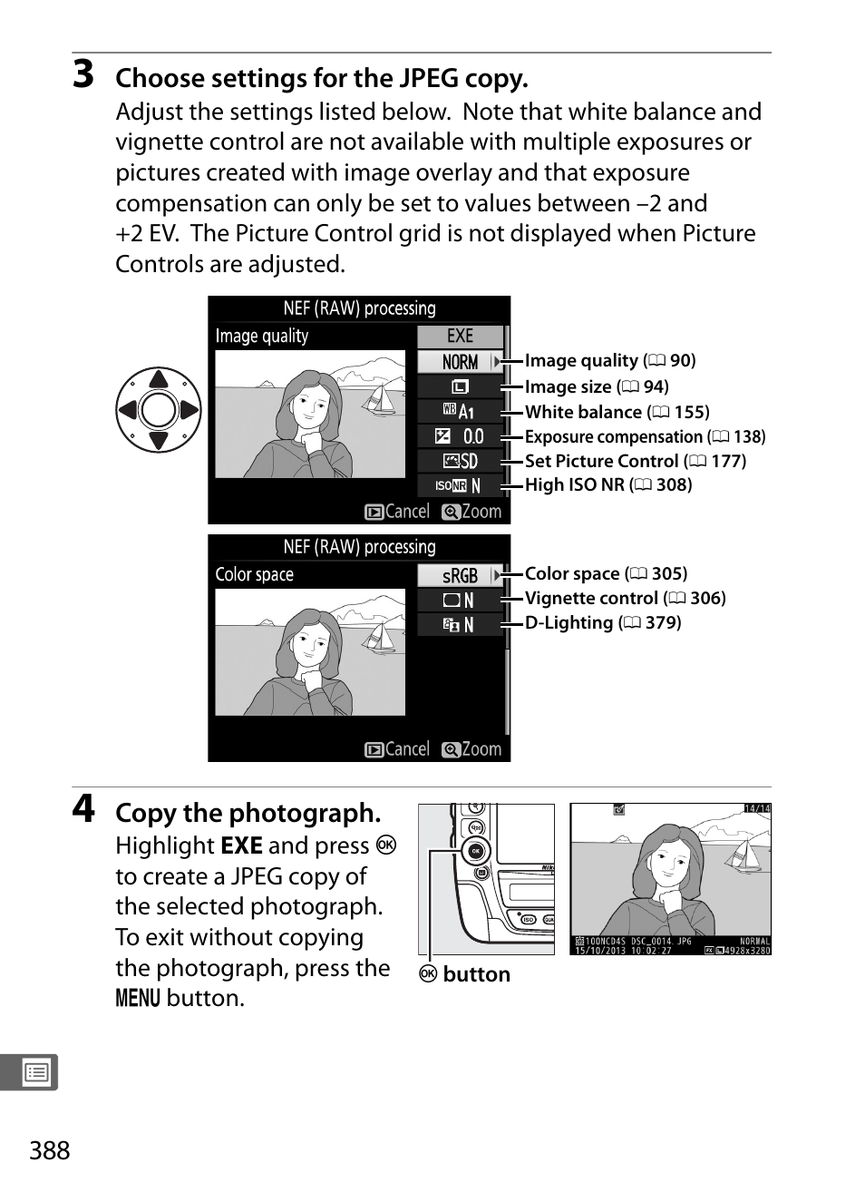 Choose settings for the jpeg copy, Copy the photograph | Nikon D4S User Manual | Page 410 / 500