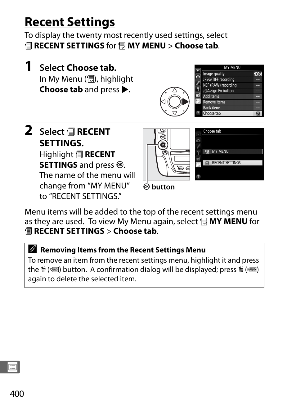 Recent settings | Nikon D4S User Manual | Page 422 / 500