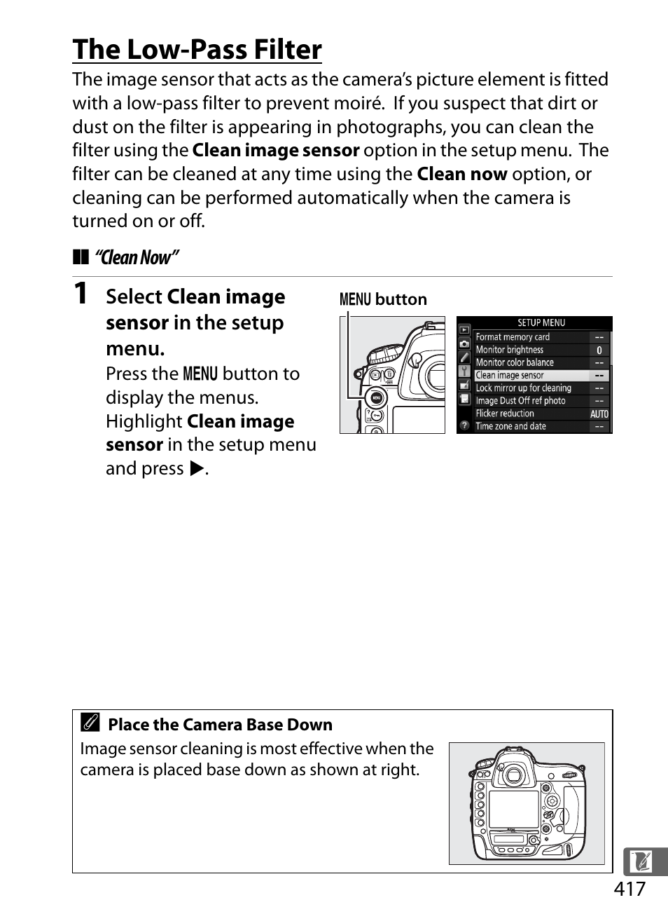 The low-pass filter, Clean now | Nikon D4S User Manual | Page 439 / 500
