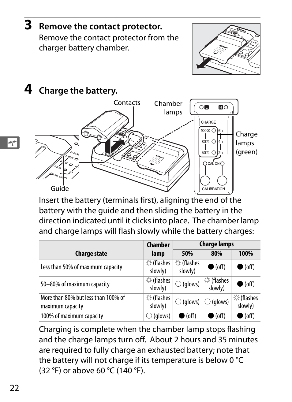 Remove the contact protector, Charge the battery | Nikon D4S User Manual | Page 44 / 500