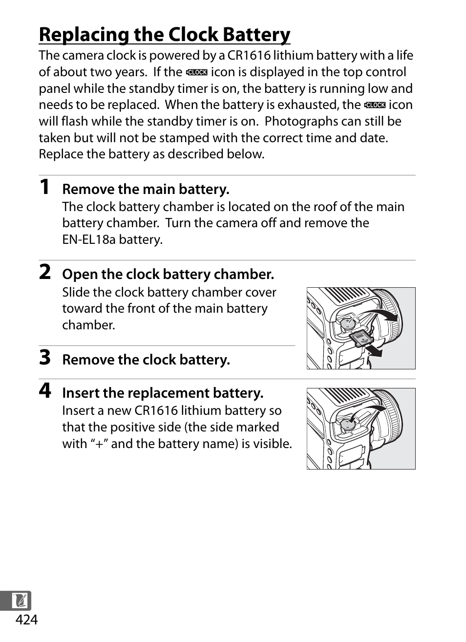 Replacing the clock battery | Nikon D4S User Manual | Page 446 / 500