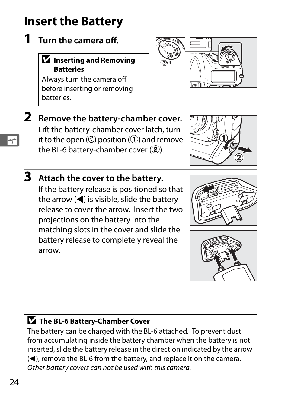 Insert the battery | Nikon D4S User Manual | Page 46 / 500