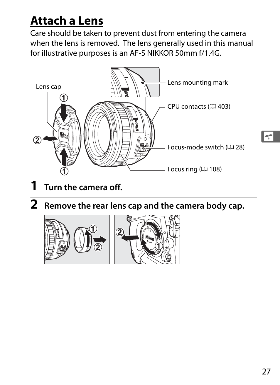 Attach a lens | Nikon D4S User Manual | Page 49 / 500