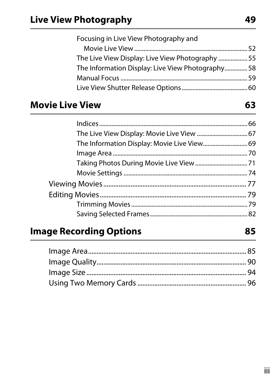 Live view photography 49, Movie live view 63, Image recording options 85 | Nikon D4S User Manual | Page 5 / 500