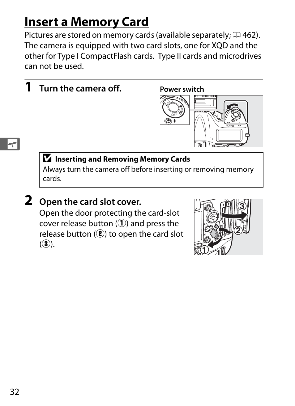 Insert a memory card | Nikon D4S User Manual | Page 54 / 500