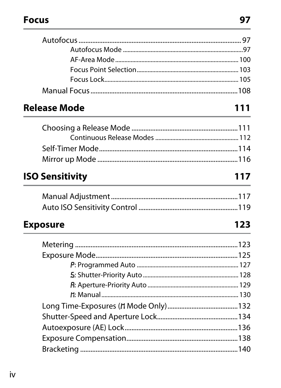 Focus 97, Release mode 111, Iso sensitivity 117 | Exposure 123 | Nikon D4S User Manual | Page 6 / 500