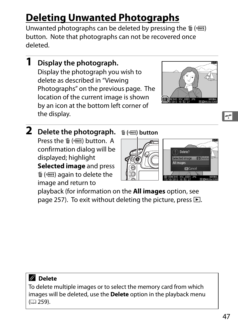 Deleting unwanted photographs | Nikon D4S User Manual | Page 69 / 500