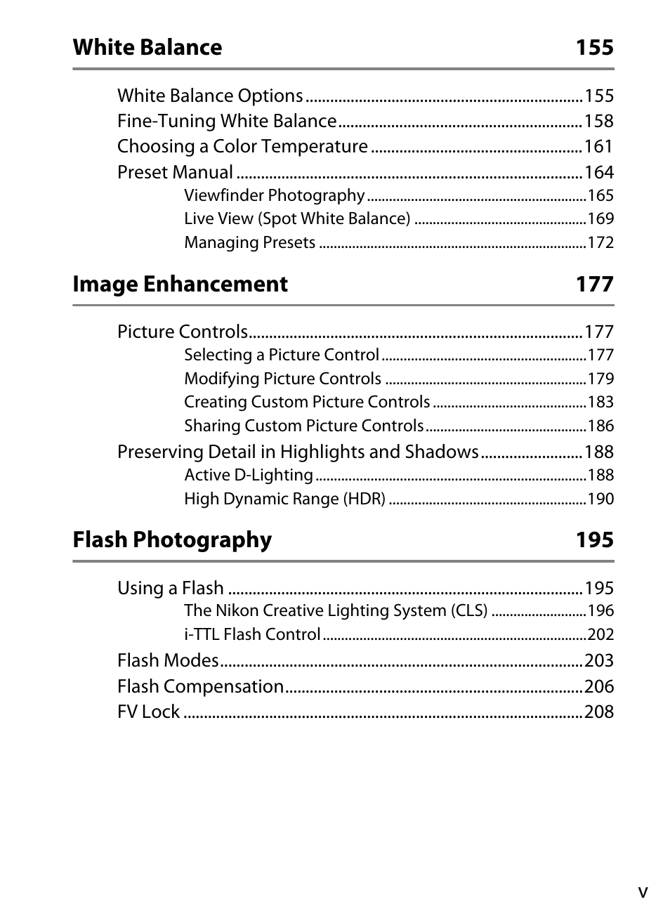 White balance 155, Image enhancement 177, Flash photography 195 | Nikon D4S User Manual | Page 7 / 500
