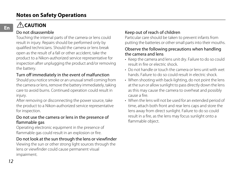 Notes on safety operations, Caution | Nikon AF-S DX NIKKOR 18-200mm f-3.5-5.6G ED VR II User Manual | Page 12 / 148