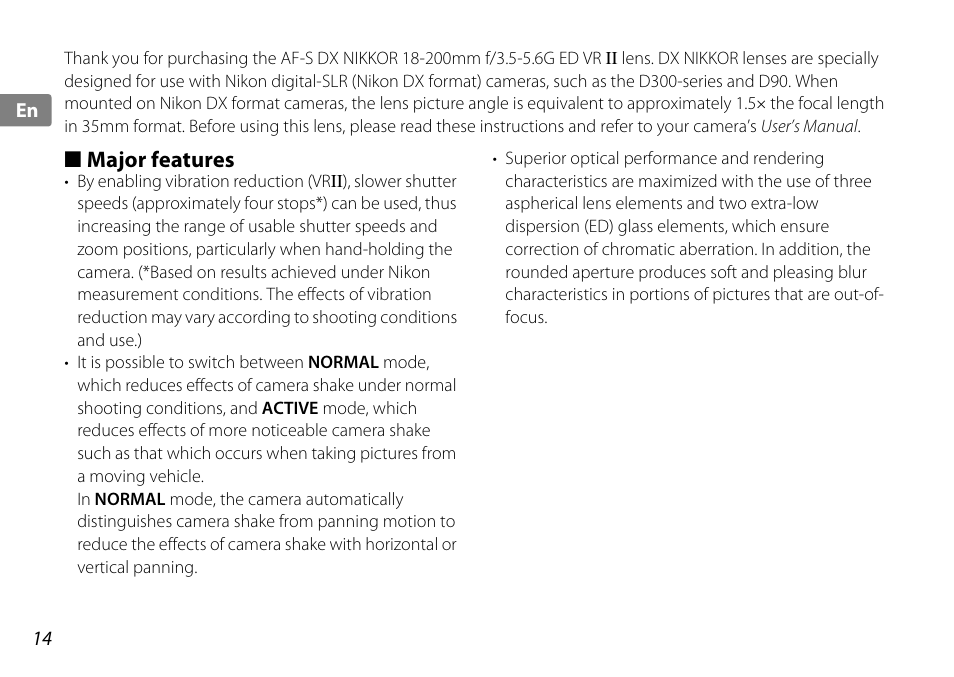 Major features | Nikon AF-S DX NIKKOR 18-200mm f-3.5-5.6G ED VR II User Manual | Page 14 / 148