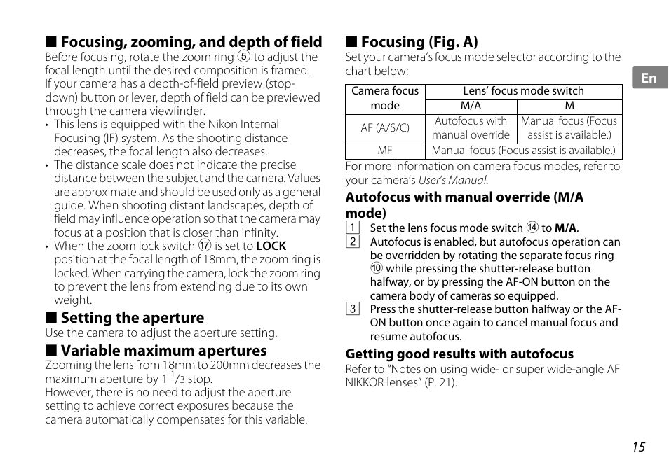 Focusing, zooming, and depth of field, Setting the aperture, Variable maximum apertures | Focusing (fig. a), Autofocus with manual override (m/amode), Getting good results with autofocus | Nikon AF-S DX NIKKOR 18-200mm f-3.5-5.6G ED VR II User Manual | Page 15 / 148