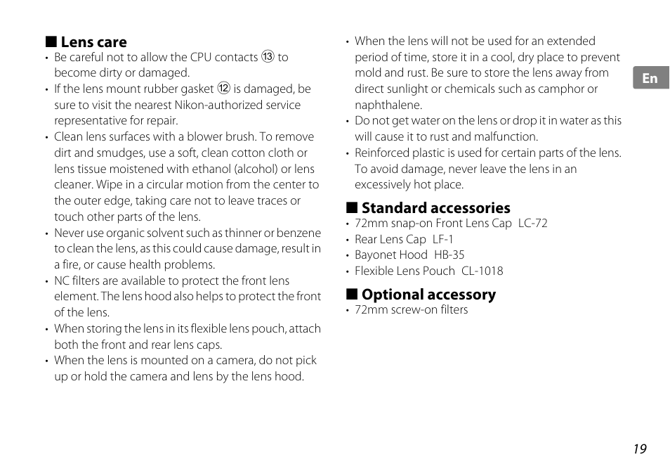 Lens care, Standard accessories, Optional accessory | Nikon AF-S DX NIKKOR 18-200mm f-3.5-5.6G ED VR II User Manual | Page 19 / 148
