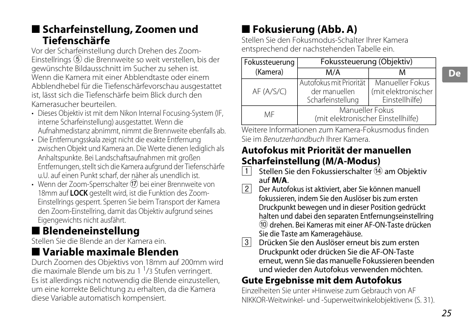Scharfeinstellung, zoomen und tiefenschärfe, Blendeneinstellung, Variable maximale blenden | Fokusierung (abb. a), Gute ergebnisse mit dem autofokus, G (s. 25), S. 25) | Nikon AF-S DX NIKKOR 18-200mm f-3.5-5.6G ED VR II User Manual | Page 25 / 148