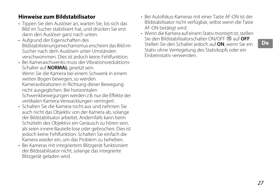 Hinweise zum bildstabilisator | Nikon AF-S DX NIKKOR 18-200mm f-3.5-5.6G ED VR II User Manual | Page 27 / 148