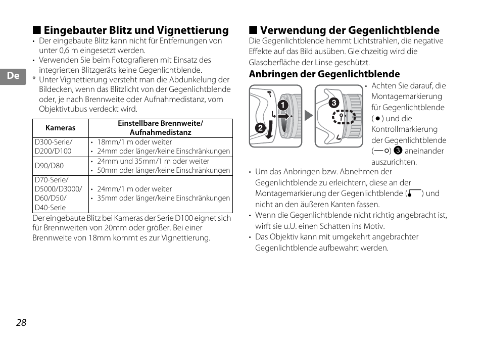 Eingebauter blitz und vignettierung, Verwendung der gegenlichtblende, Anbringen der gegenlichtblende | De (s. 28) | Nikon AF-S DX NIKKOR 18-200mm f-3.5-5.6G ED VR II User Manual | Page 28 / 148