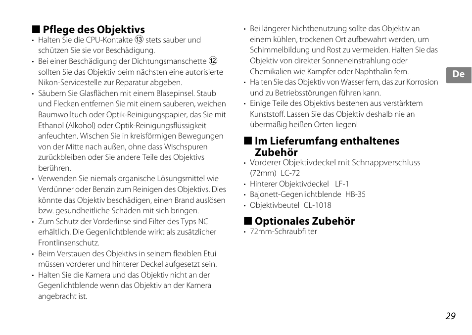 Pflege des objektivs, Im lieferumfang enthaltenes zubehör, Optionales zubehör | Hette (s. 29), Akte (s. 29 | Nikon AF-S DX NIKKOR 18-200mm f-3.5-5.6G ED VR II User Manual | Page 29 / 148