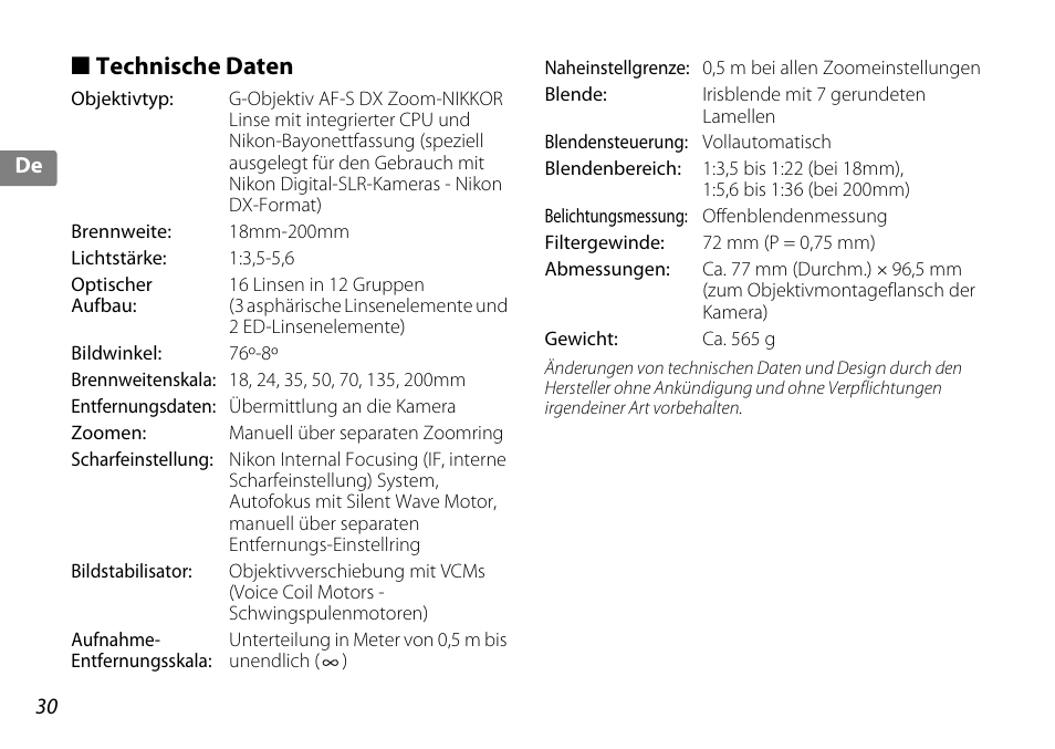 Technische daten | Nikon AF-S DX NIKKOR 18-200mm f-3.5-5.6G ED VR II User Manual | Page 30 / 148