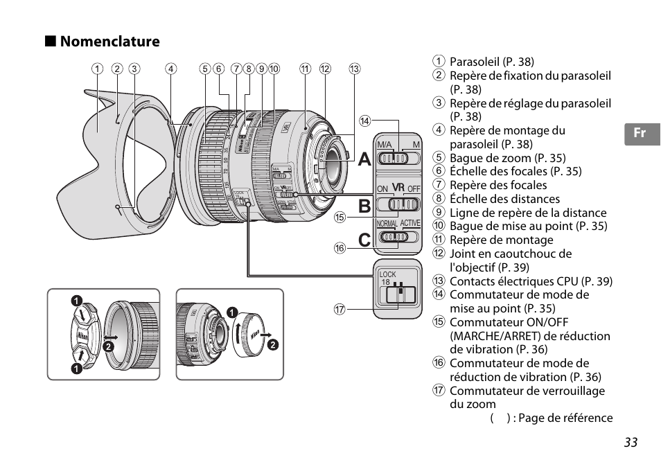 Nomenclature, Cb a, 33 fr | Nikon AF-S DX NIKKOR 18-200mm f-3.5-5.6G ED VR II User Manual | Page 33 / 148
