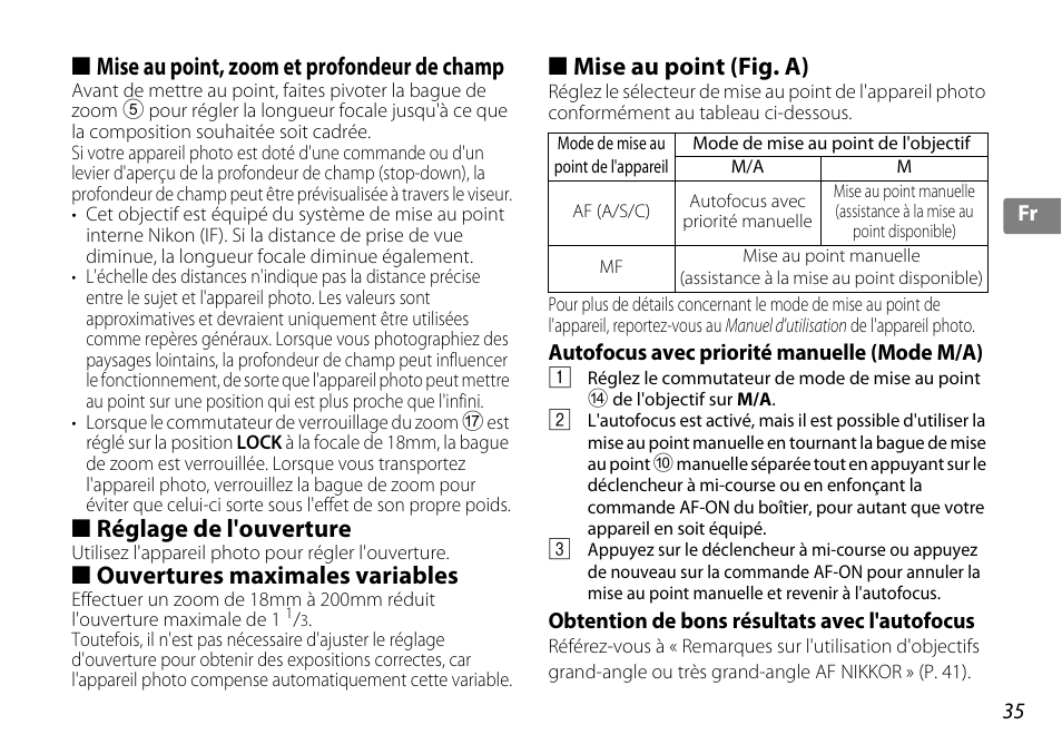 Mise au point, zoom et profondeur de champ, Réglage de l'ouverture, Ouvertures maximales variables | Mise au point (fig. a), Autofocus avec priorité manuelle (mode m/a), Obtention de bons résultats avec l'autofocus, Zoom (p. 35, P. 35), P. 35 | Nikon AF-S DX NIKKOR 18-200mm f-3.5-5.6G ED VR II User Manual | Page 35 / 148