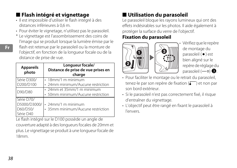 Flash intégré et vignettage, Utilisation du parasoleil, Fixation du parasoleil | P. 38), P. 38 | Nikon AF-S DX NIKKOR 18-200mm f-3.5-5.6G ED VR II User Manual | Page 38 / 148
