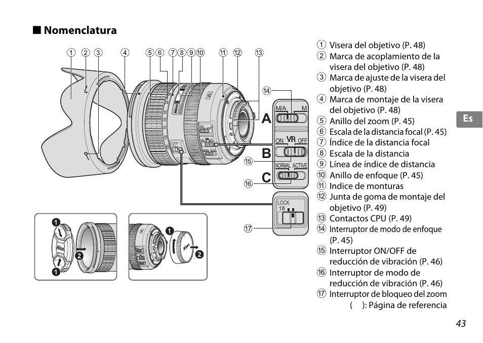 Nomenclatura, Cb a, 43 es | Nikon AF-S DX NIKKOR 18-200mm f-3.5-5.6G ED VR II User Manual | Page 43 / 148