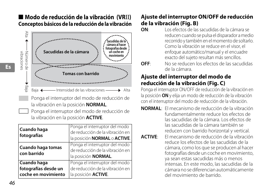 Modo de reducción de la vibración (vrii), Conceptos básicos de la reducción de la vibración, P. 46 | Modo de reducción de la vibración (vr ii ), 46 es es | Nikon AF-S DX NIKKOR 18-200mm f-3.5-5.6G ED VR II User Manual | Page 46 / 148