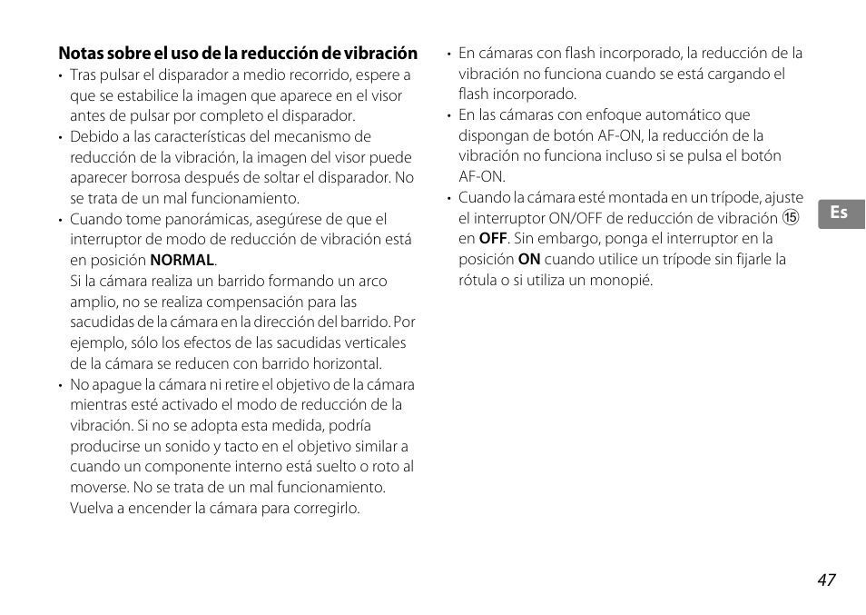 Notas sobre el uso de la reducción de vibración | Nikon AF-S DX NIKKOR 18-200mm f-3.5-5.6G ED VR II User Manual | Page 47 / 148