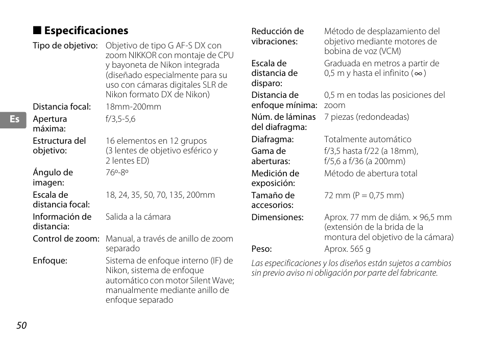 Especificaciones | Nikon AF-S DX NIKKOR 18-200mm f-3.5-5.6G ED VR II User Manual | Page 50 / 148