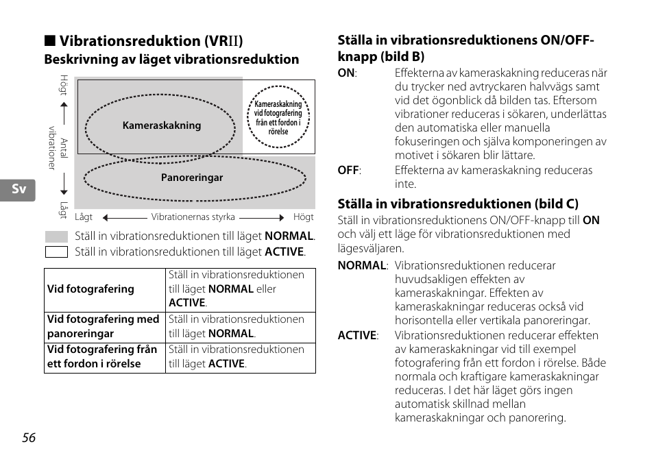 Vibrationsreduktion (vrii), Beskrivning av läget vibrationsreduktion, Ställa in vibrationsreduktionen (bild c) | S. 56), Ring (s. 56), Vibrationsreduktion (vr ii ), 56 se sv | Nikon AF-S DX NIKKOR 18-200mm f-3.5-5.6G ED VR II User Manual | Page 56 / 148