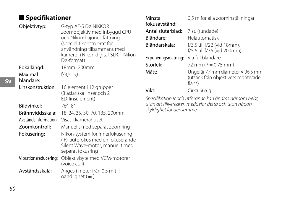 Specifikationer | Nikon AF-S DX NIKKOR 18-200mm f-3.5-5.6G ED VR II User Manual | Page 60 / 148
