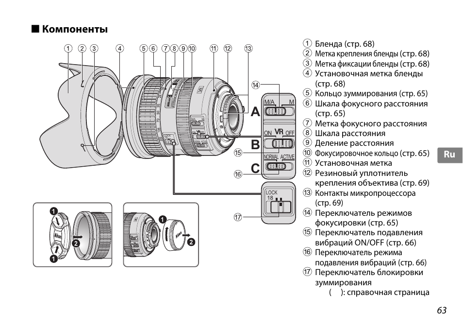 Компоненты, Cb a, 63 ru | Nikon AF-S DX NIKKOR 18-200mm f-3.5-5.6G ED VR II User Manual | Page 63 / 148