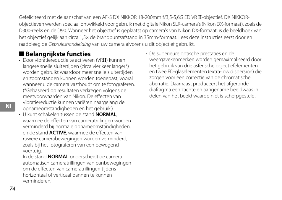 Belangrijkste functies | Nikon AF-S DX NIKKOR 18-200mm f-3.5-5.6G ED VR II User Manual | Page 74 / 148