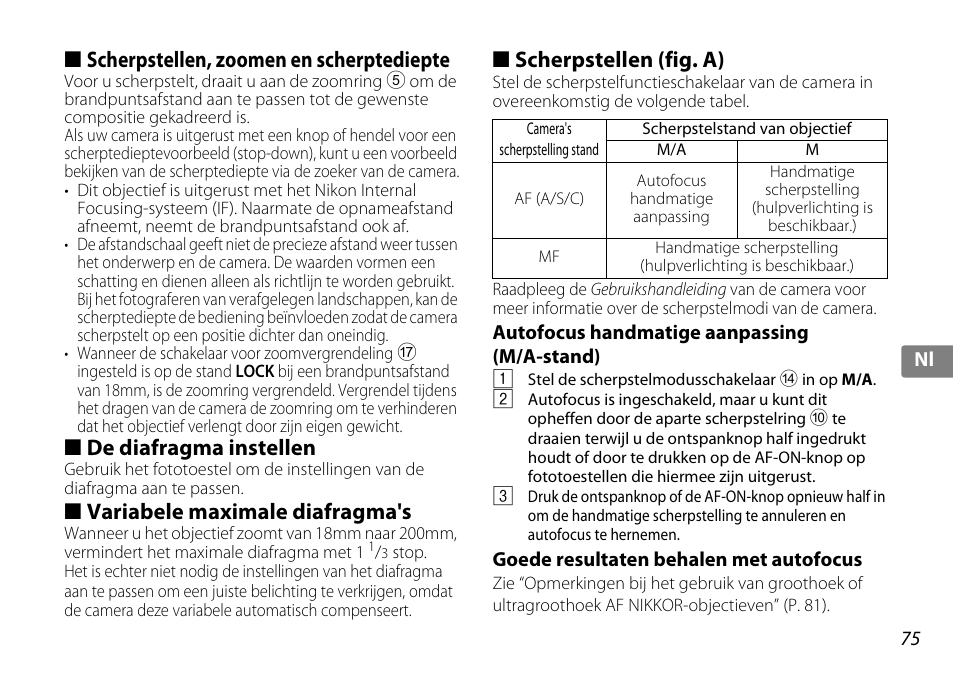 Scherpstellen, zoomen en scherptediepte, De diafragma instellen, Variabele maximale diafragma's | Scherpstellen (fig. a), Autofocus handmatige aanpassing (m/a-stand), Goede resultaten behalen met autofocus, Zoomring (p. 75), Schaal brandpuntsafstand (p. 75), P. 75), Scherpstelstandschakelaar (p. 75) | Nikon AF-S DX NIKKOR 18-200mm f-3.5-5.6G ED VR II User Manual | Page 75 / 148