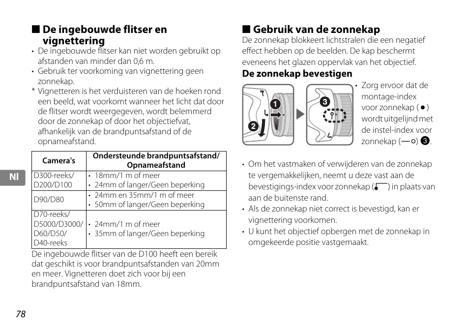De ingebouwde flitser en vignettering, Gebruik van de zonnekap, De zonnekap bevestigen | Zonnekap (p. 78), Ekap (p. 78), P. 78) | Nikon AF-S DX NIKKOR 18-200mm f-3.5-5.6G ED VR II User Manual | Page 78 / 148