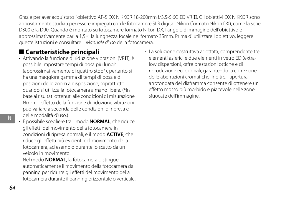 Caratteristiche principali | Nikon AF-S DX NIKKOR 18-200mm f-3.5-5.6G ED VR II User Manual | Page 84 / 148
