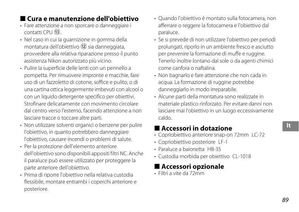 Cura e manutenzione dell'obiettivo, Accessori in dotazione, Accessori opzionale | Vo (p. 89), U (p. 89) | Nikon AF-S DX NIKKOR 18-200mm f-3.5-5.6G ED VR II User Manual | Page 89 / 148