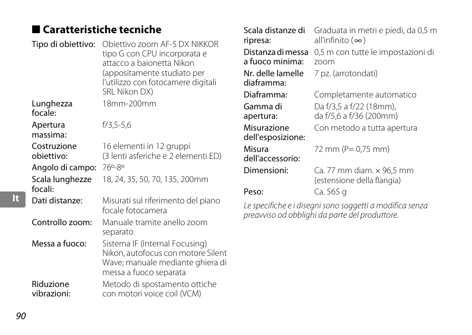 Caratteristiche tecniche | Nikon AF-S DX NIKKOR 18-200mm f-3.5-5.6G ED VR II User Manual | Page 90 / 148